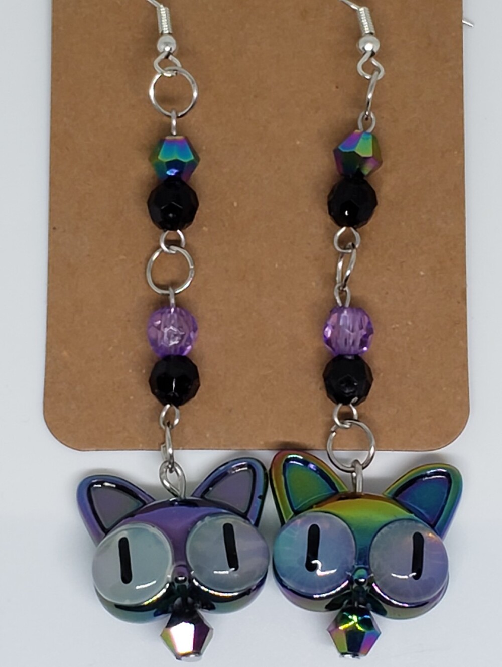Handmade Iridescent Big Eye Cat Beaded Dangle Earrings